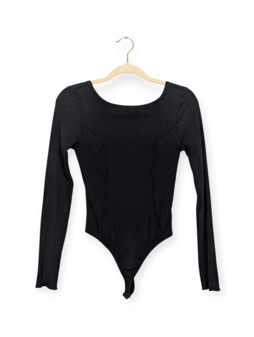 R.G. Kane Black Ribbed Long Sleeve Scoop Neck Bodysuit Stretch Size S